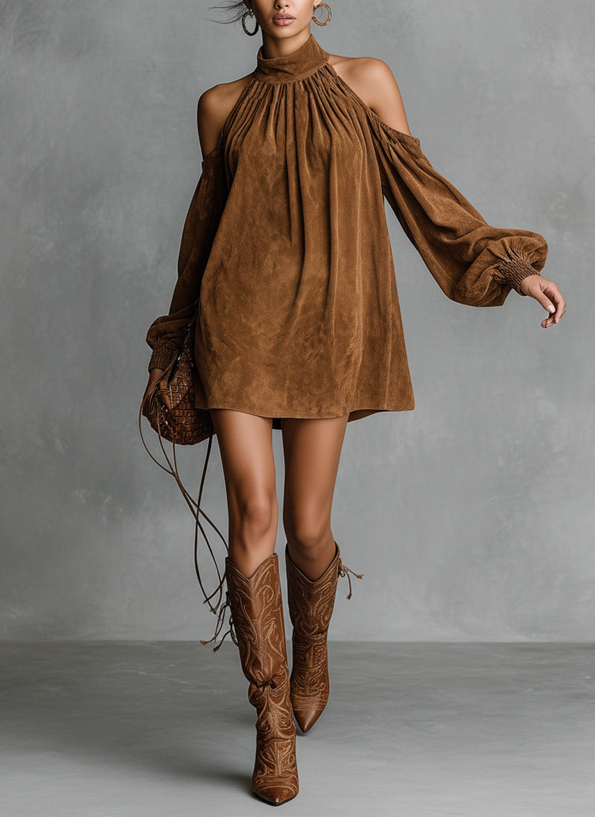 Draped Suede Cold-Shoulder Mini Dress