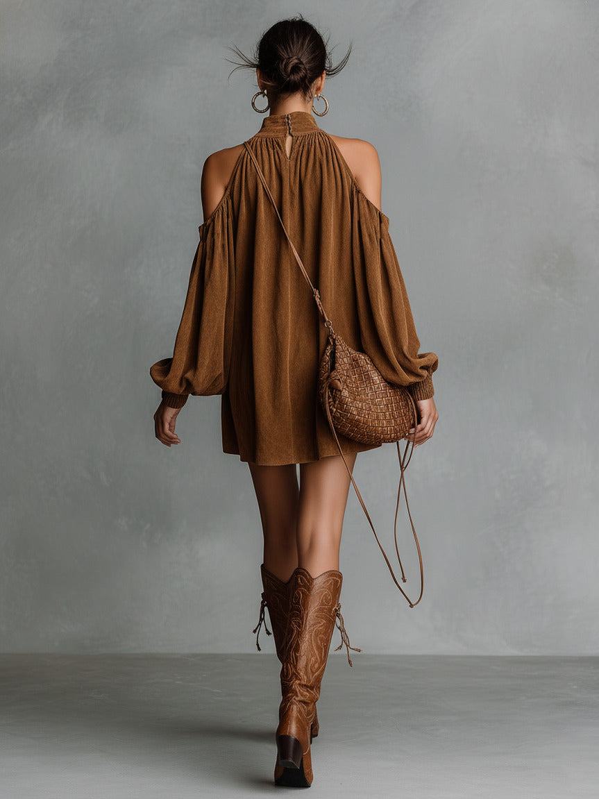Draped Suede Cold-Shoulder Mini Dress