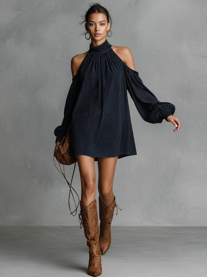 Draped Suede Cold-Shoulder Mini Dress