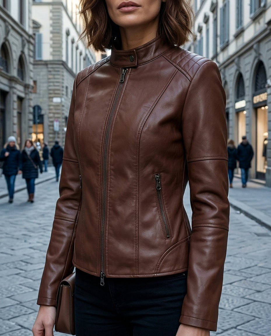 Faux Leather Stand Collar Fitted Jacket