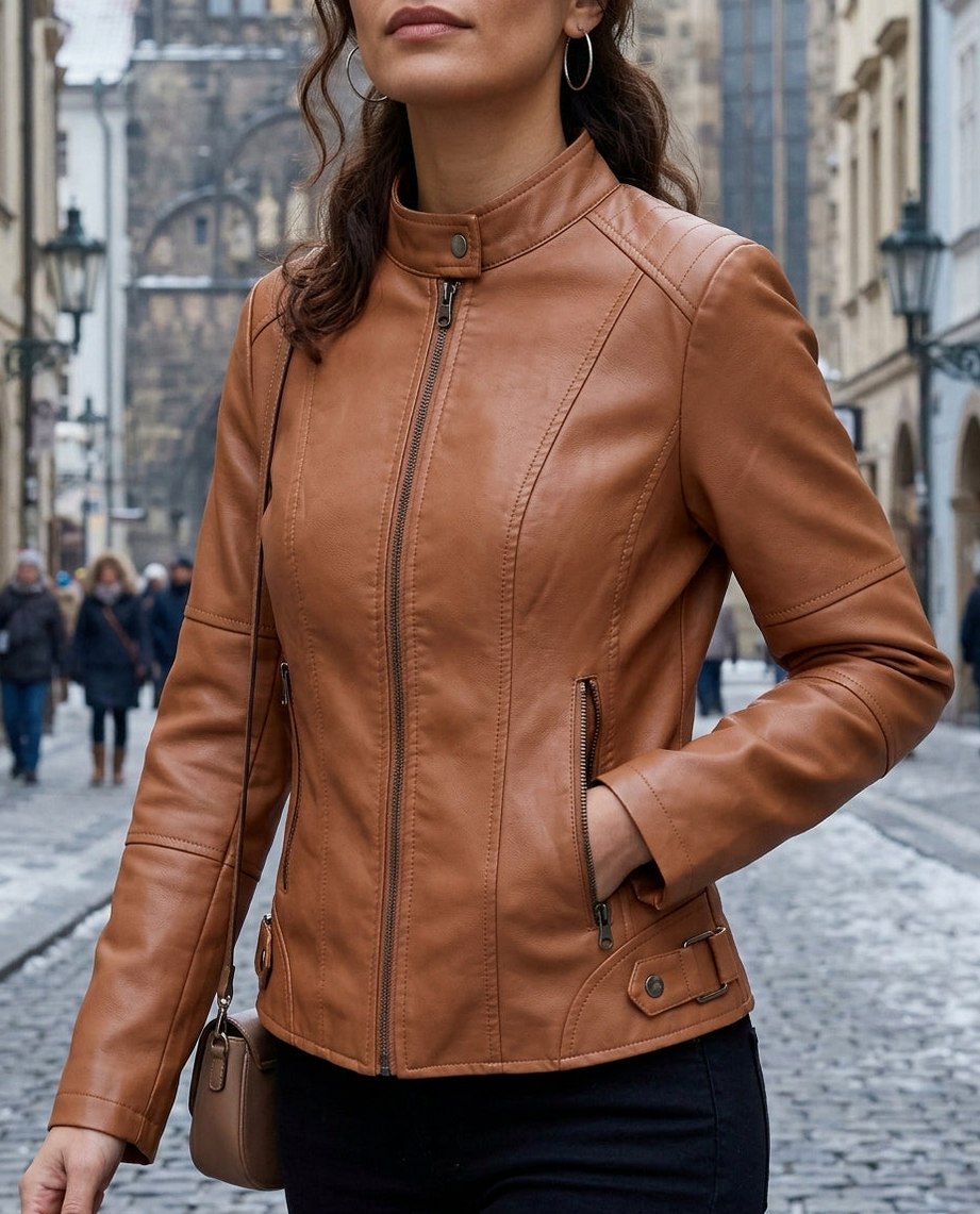 Faux Leather Stand Collar Fitted Jacket