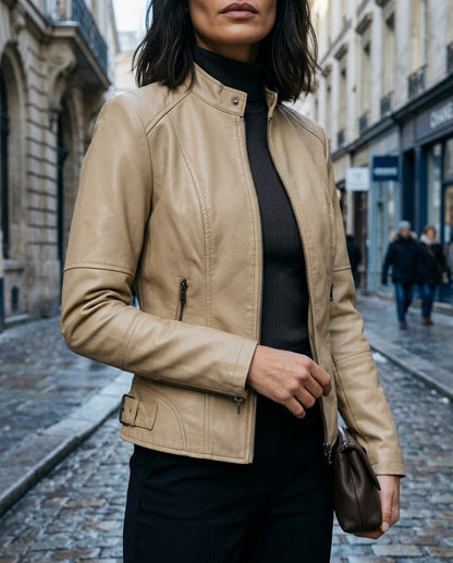 Faux Leather Stand Collar Fitted Jacket