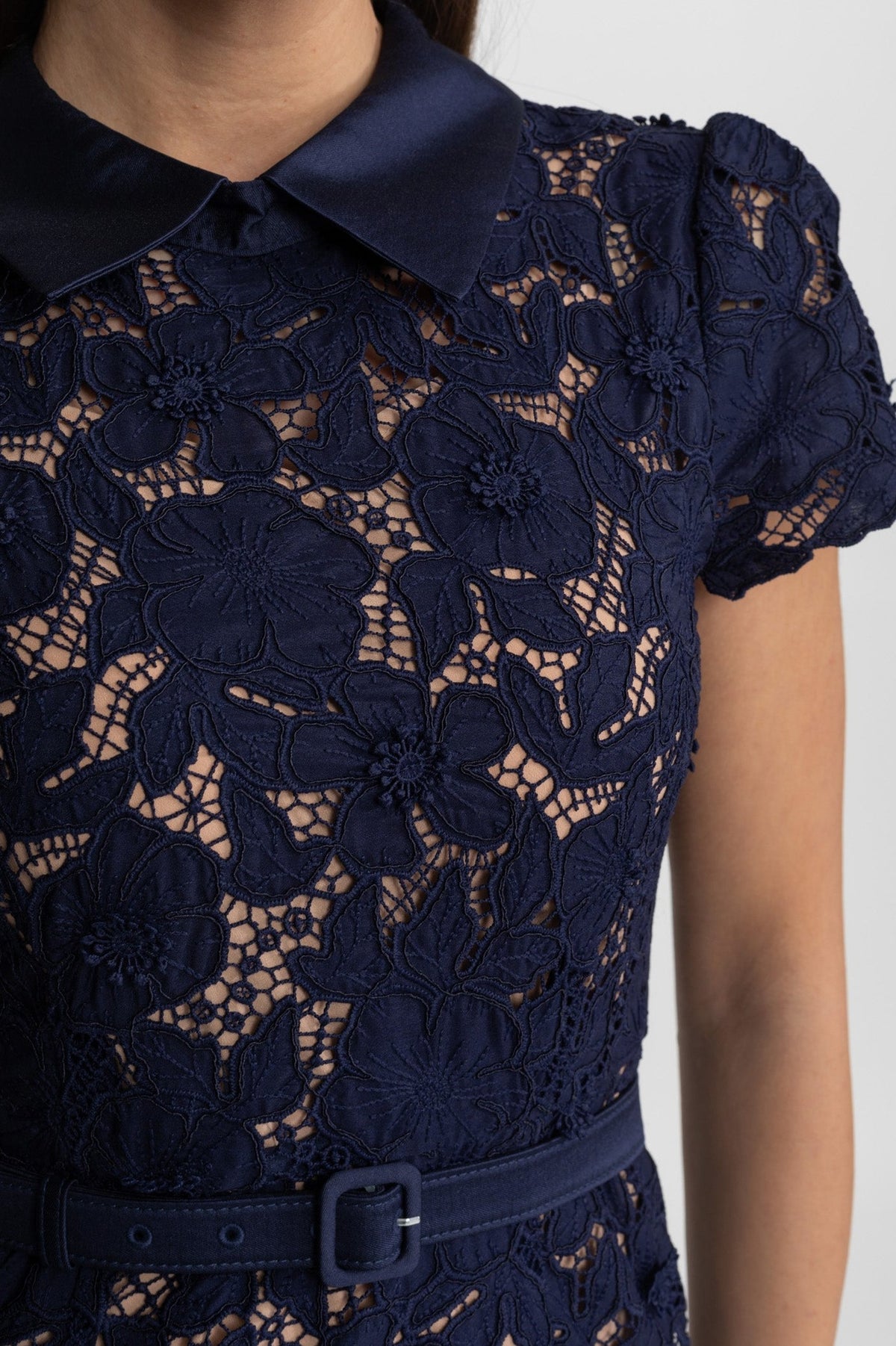 Lace Collared Short Sleeve Midi Dress