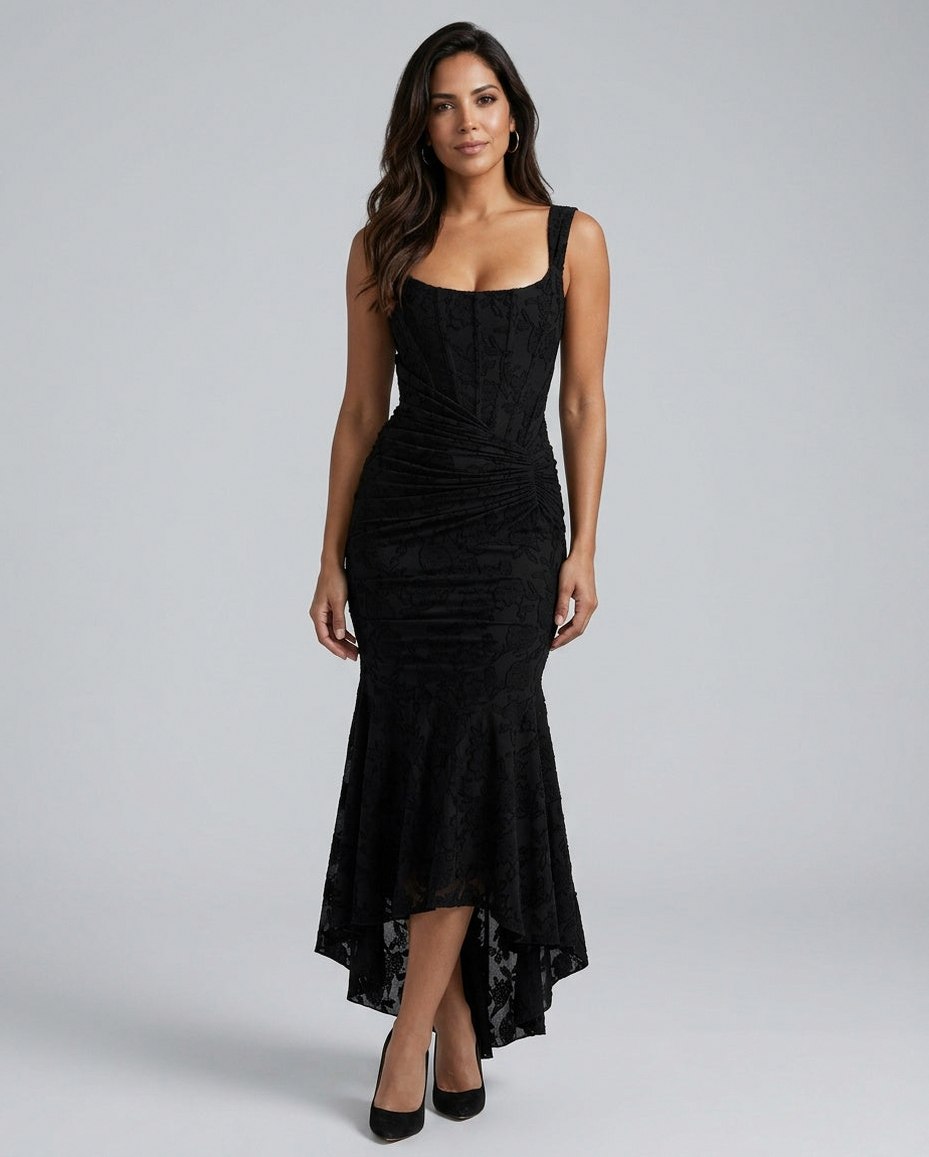 Lace Corset Ruched Midi Dress