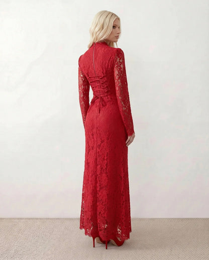 Lace Long Sleeve High Neck Corset Maxi Dress