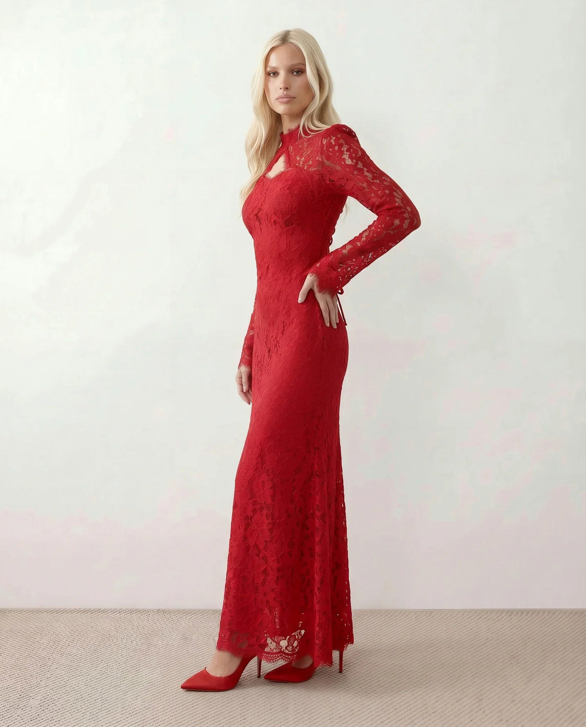 Lace Long Sleeve High Neck Corset Maxi Dress