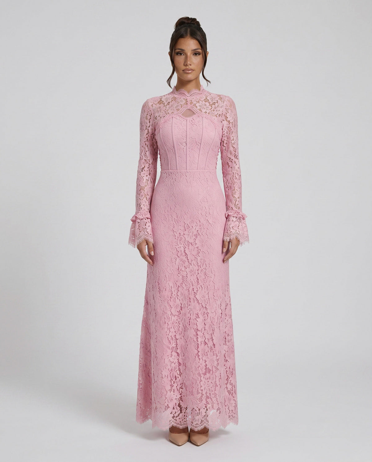 Lace Long Sleeve High Neck Corset Maxi Dress
