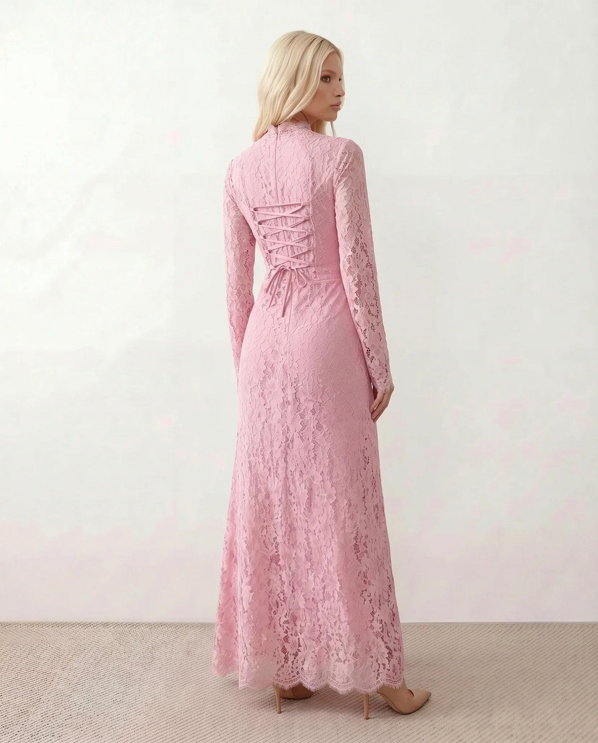 Lace Long Sleeve High Neck Corset Maxi Dress