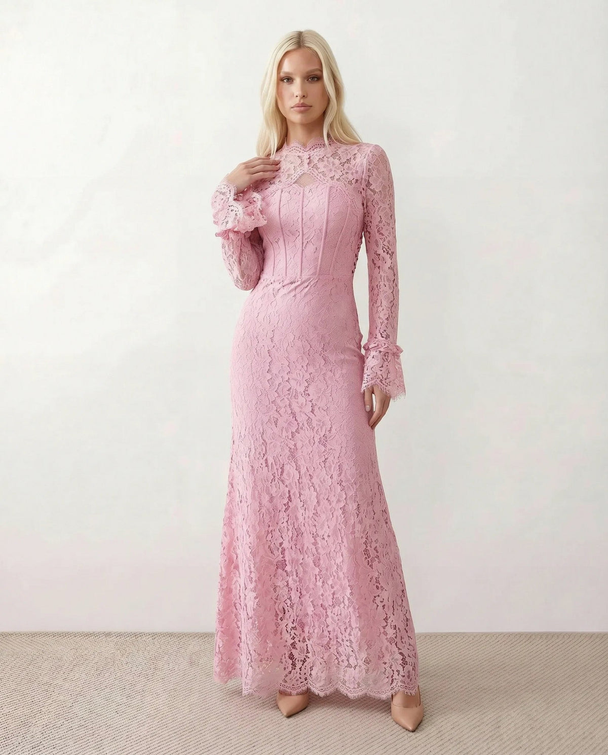Lace Long Sleeve High Neck Corset Maxi Dress