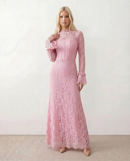 Lace Long Sleeve High Neck Corset Maxi Dress