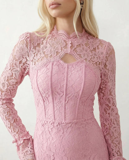 Lace Long Sleeve High Neck Corset Maxi Dress