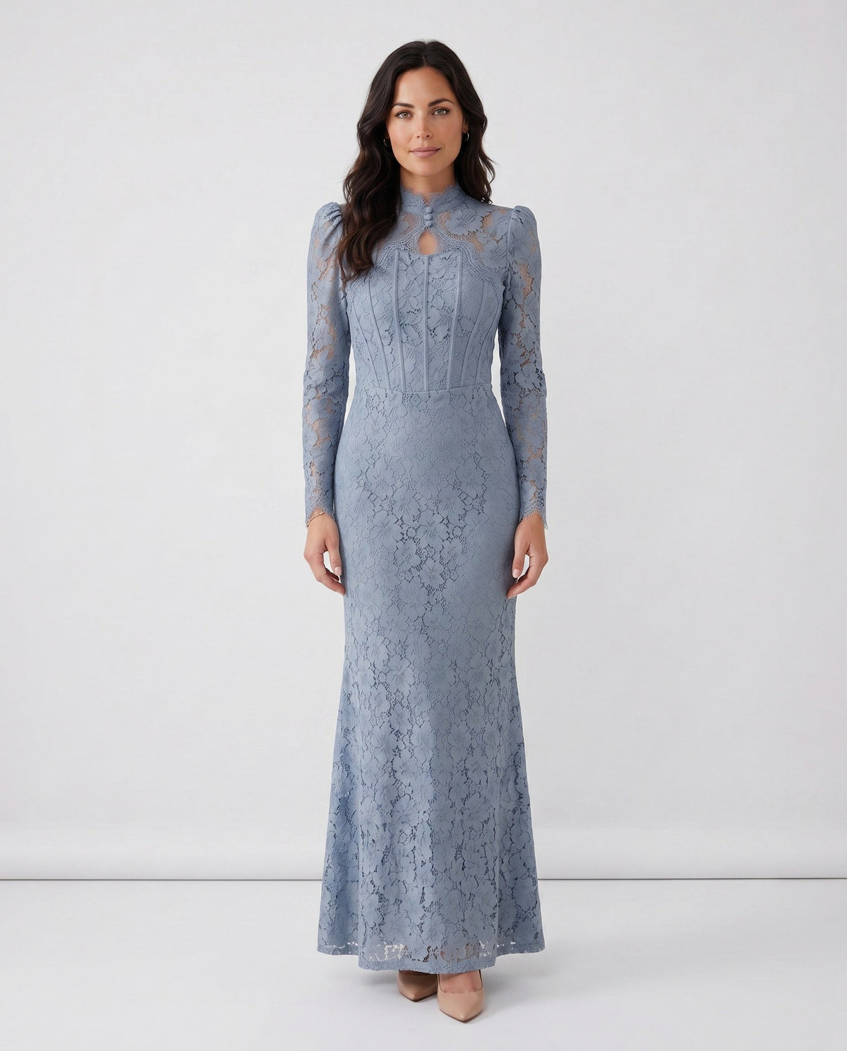 Lace Long Sleeve High Neck Corset Maxi Dress