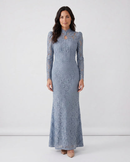 Lace Long Sleeve High Neck Corset Maxi Dress