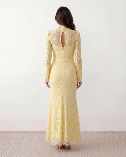 Lace Long Sleeve High Neck Corset Maxi Dress