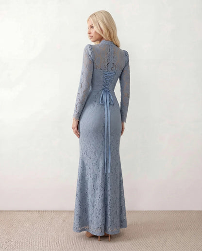 Lace Long Sleeve High Neck Corset Maxi Dress
