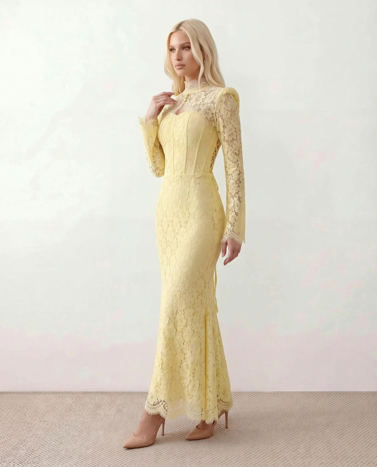 Lace Long Sleeve High Neck Corset Maxi Dress