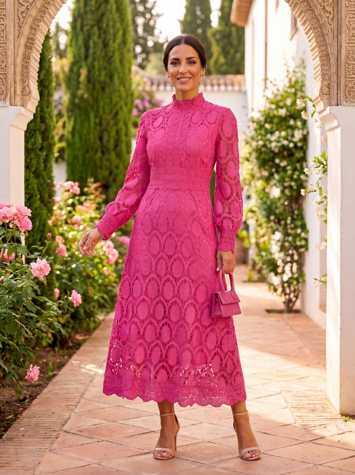 Lace Long Sleeve High Neck A-Line Midi Dress