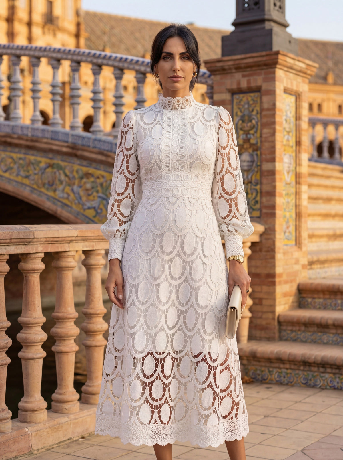 Lace Long Sleeve High Neck A-Line Midi Dress
