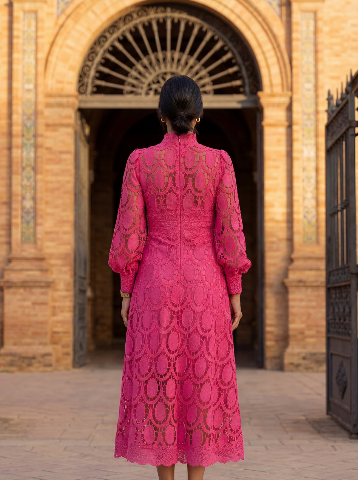 Lace Long Sleeve High Neck A-Line Midi Dress