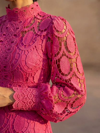 Lace Long Sleeve High Neck A-Line Midi Dress