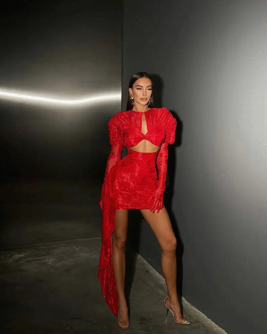 Lace Long Puff Sleeve Cutout Mini Dress