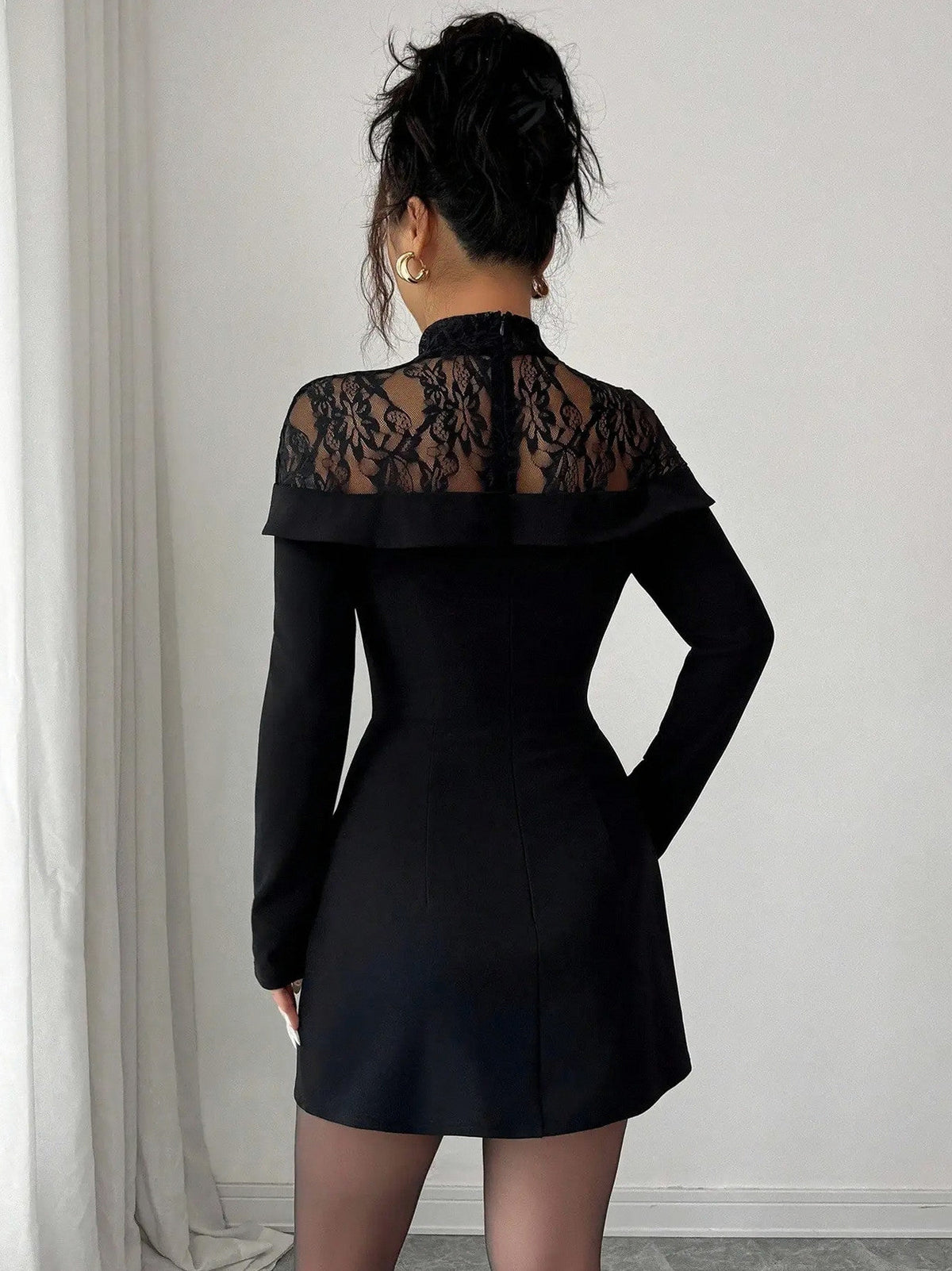 Lace Yoke Long Sleeve Mini Dress