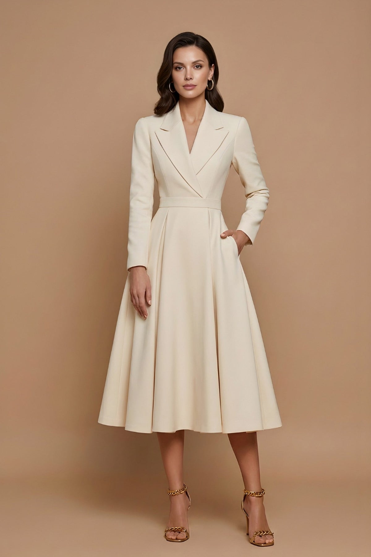 Lapel Collar Long Sleeve Midi Blazer Dress