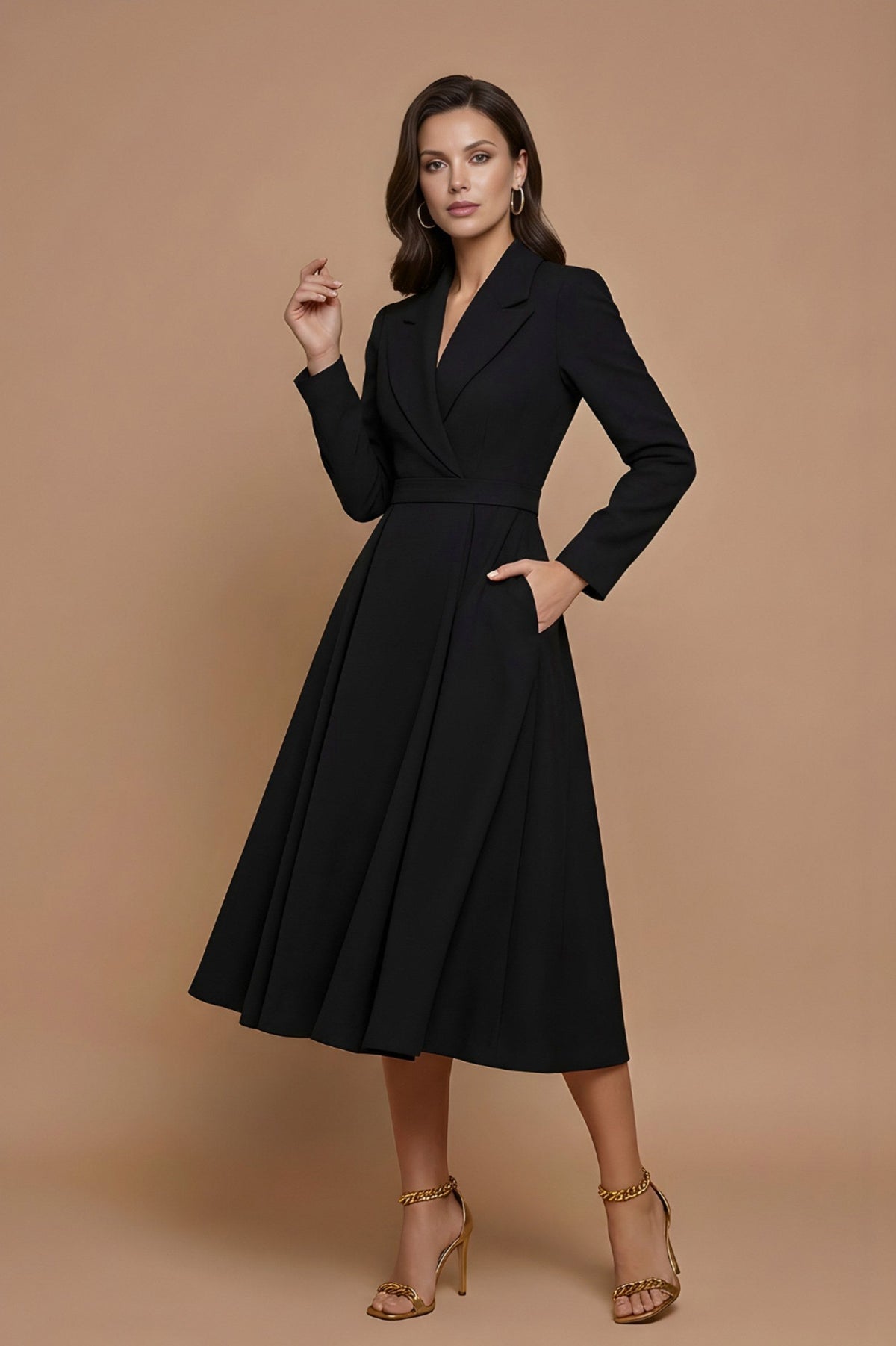 Lapel Collar Long Sleeve Midi Blazer Dress