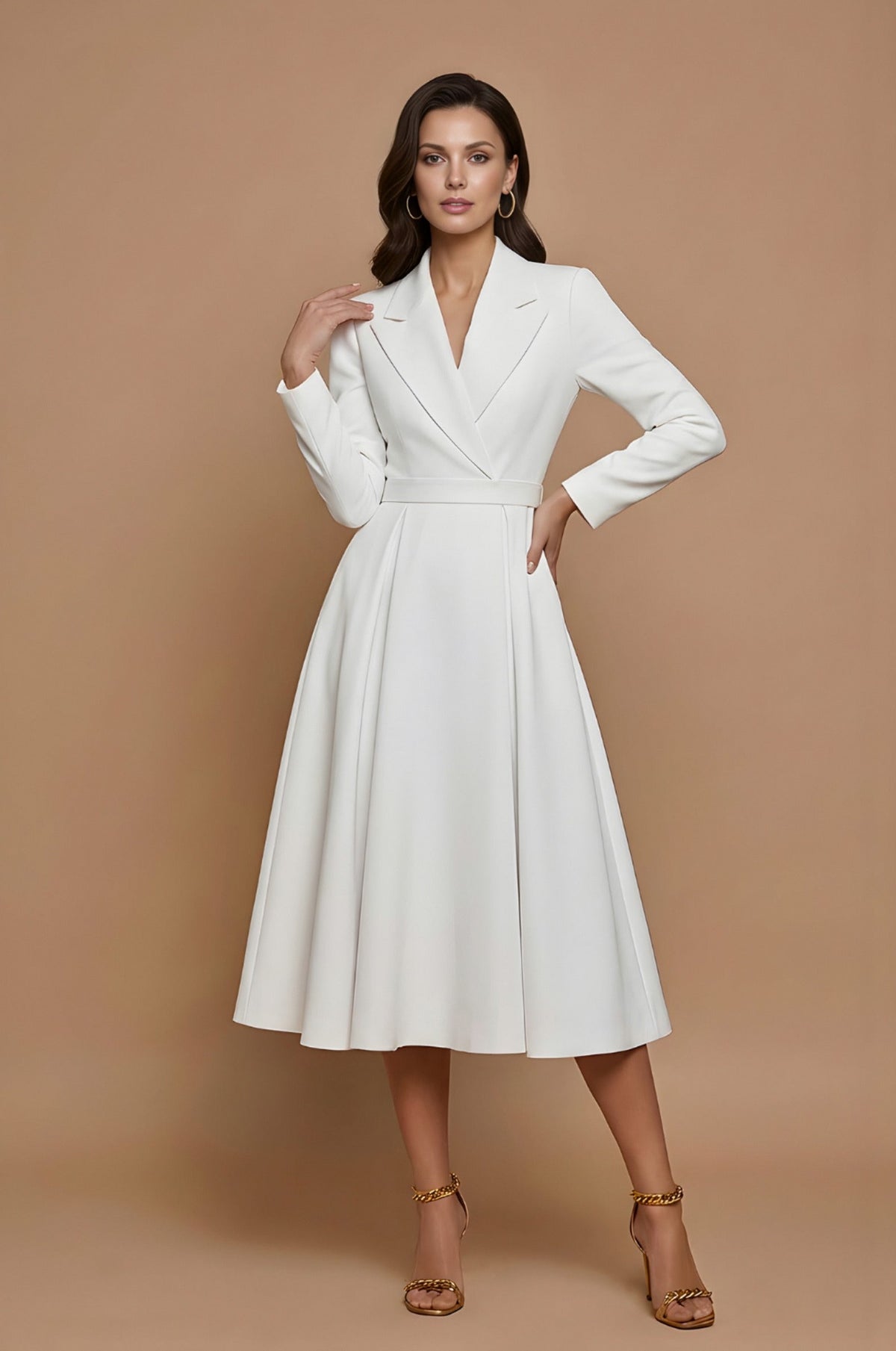 Lapel Collar Long Sleeve Midi Blazer Dress
