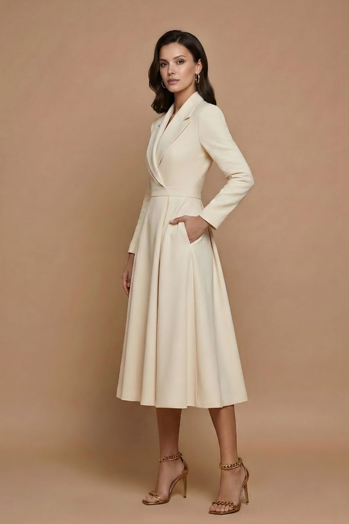 Lapel Collar Long Sleeve Midi Blazer Dress
