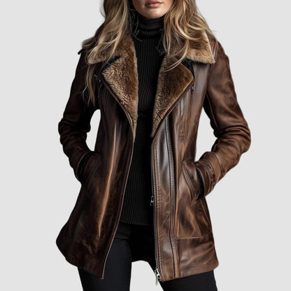 Leather Faux Fur Long Sleeve Coat