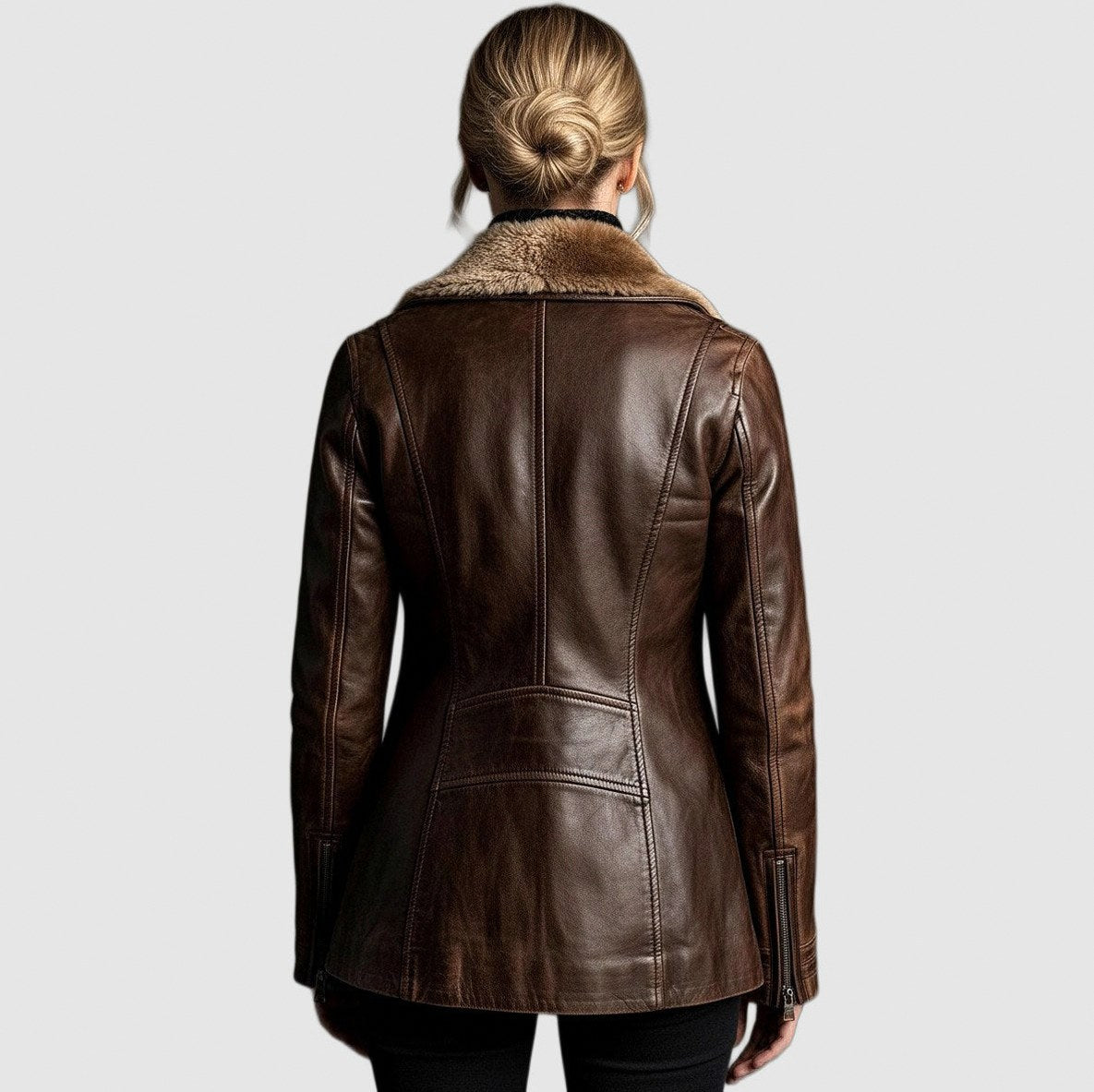Leather Faux Fur Long Sleeve Coat