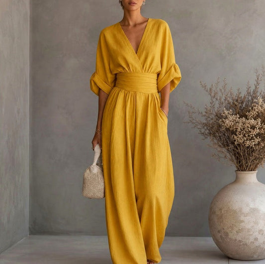 Linen Wrap Ruched Wide Leg Jumpsuit