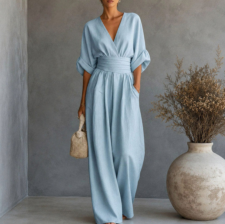 Linen Wrap Ruched Wide Leg Jumpsuit