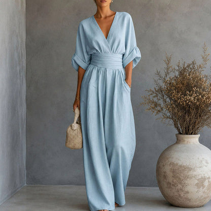 Linen Wrap Ruched Wide Leg Jumpsuit