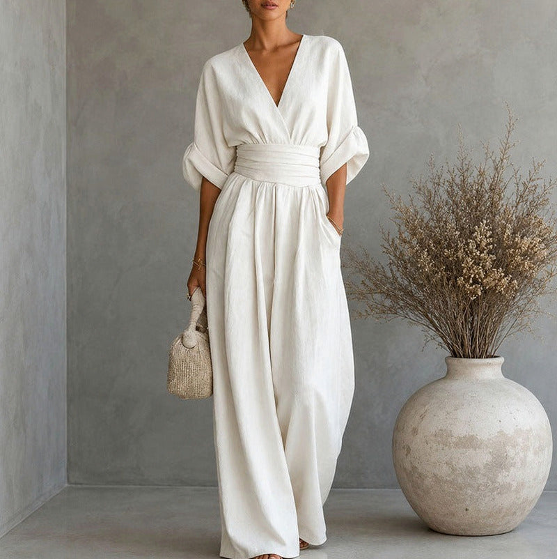 Linen Wrap Ruched Wide Leg Jumpsuit