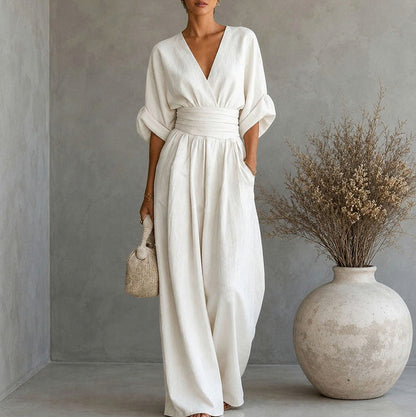 Linen Wrap Ruched Wide Leg Jumpsuit