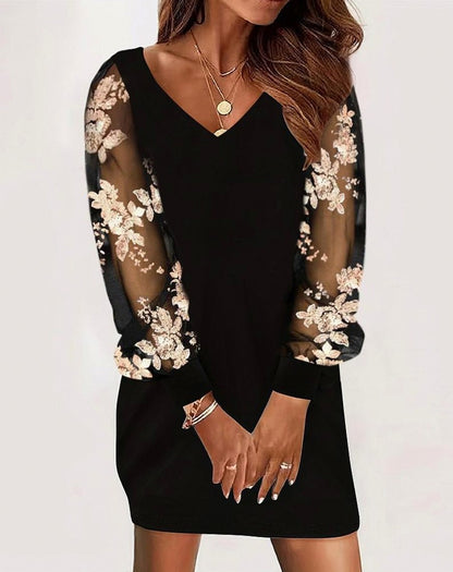 Long Sleeve Lace Trim Mini Dress