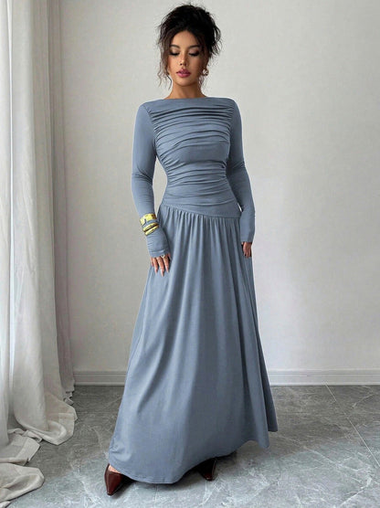 Long Sleeve Ruched Drop Waist Maxi Dress