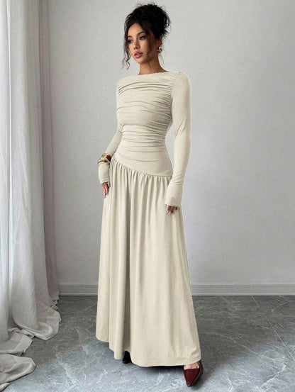 Long Sleeve Ruched Drop Waist Maxi Dress