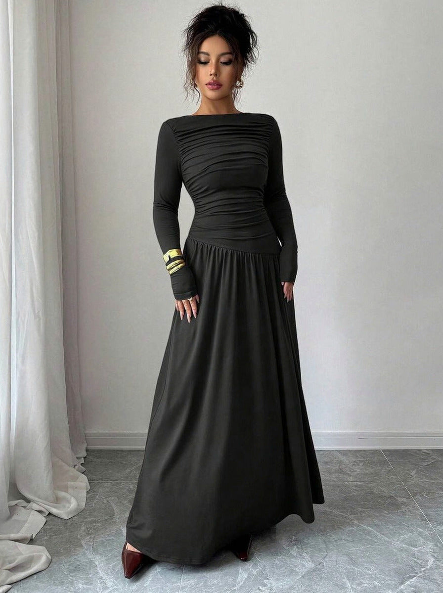 Long Sleeve Ruched Drop Waist Maxi Dress