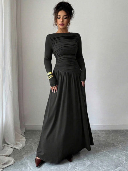 Long Sleeve Ruched Drop Waist Maxi Dress
