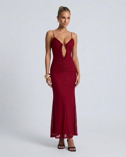 Mesh Cutout Ruched Maxi Dress
