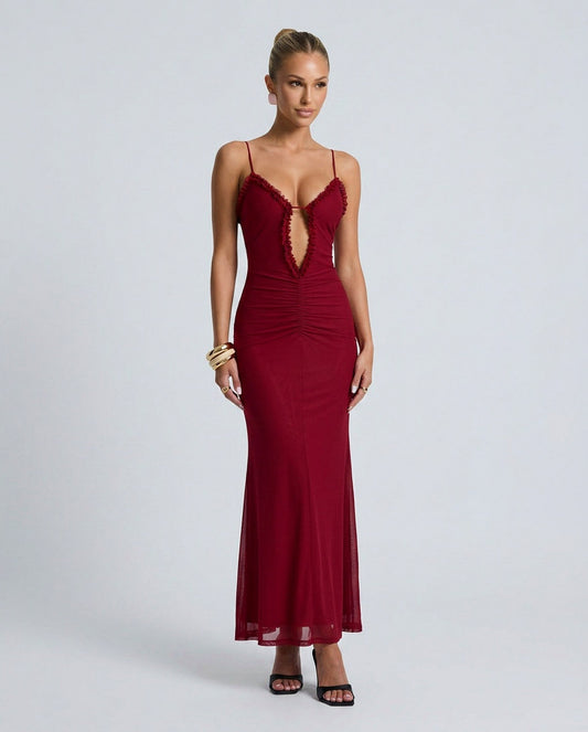 Mesh Cutout Ruched Maxi Dress