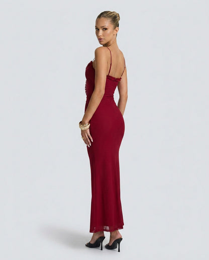 Mesh Cutout Ruched Maxi Dress