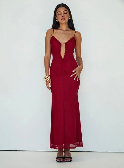 Mesh Cutout Ruched Maxi Dress