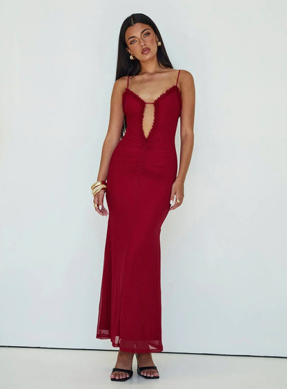 Mesh Cutout Ruched Maxi Dress