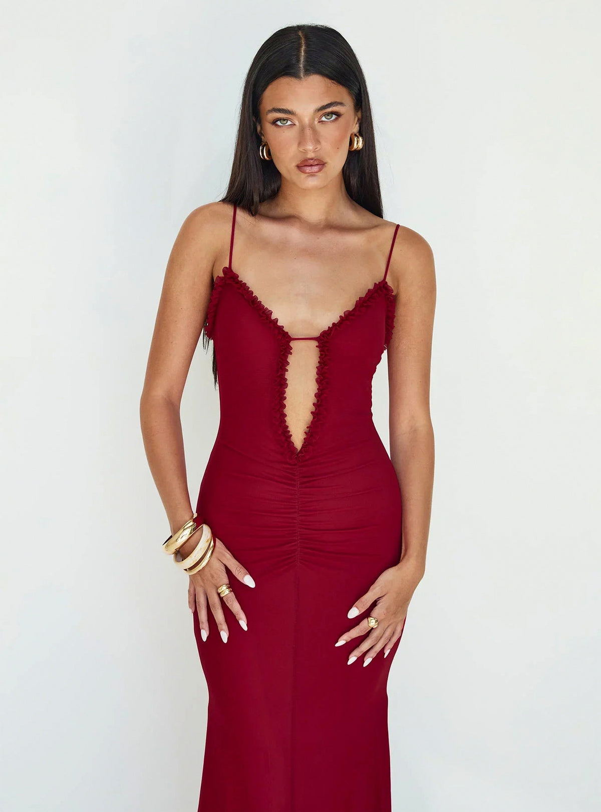 Mesh Cutout Ruched Maxi Dress
