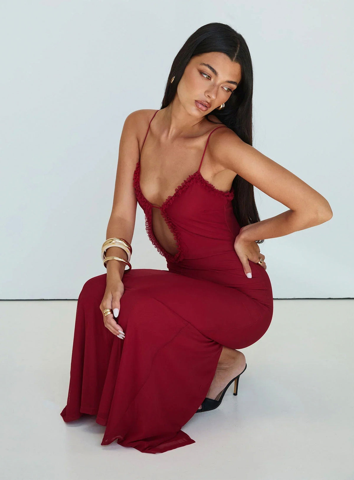 Mesh Cutout Ruched Maxi Dress