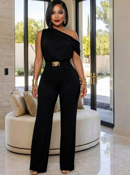 One Shoulder Draped Wide Leg Jumpsuit